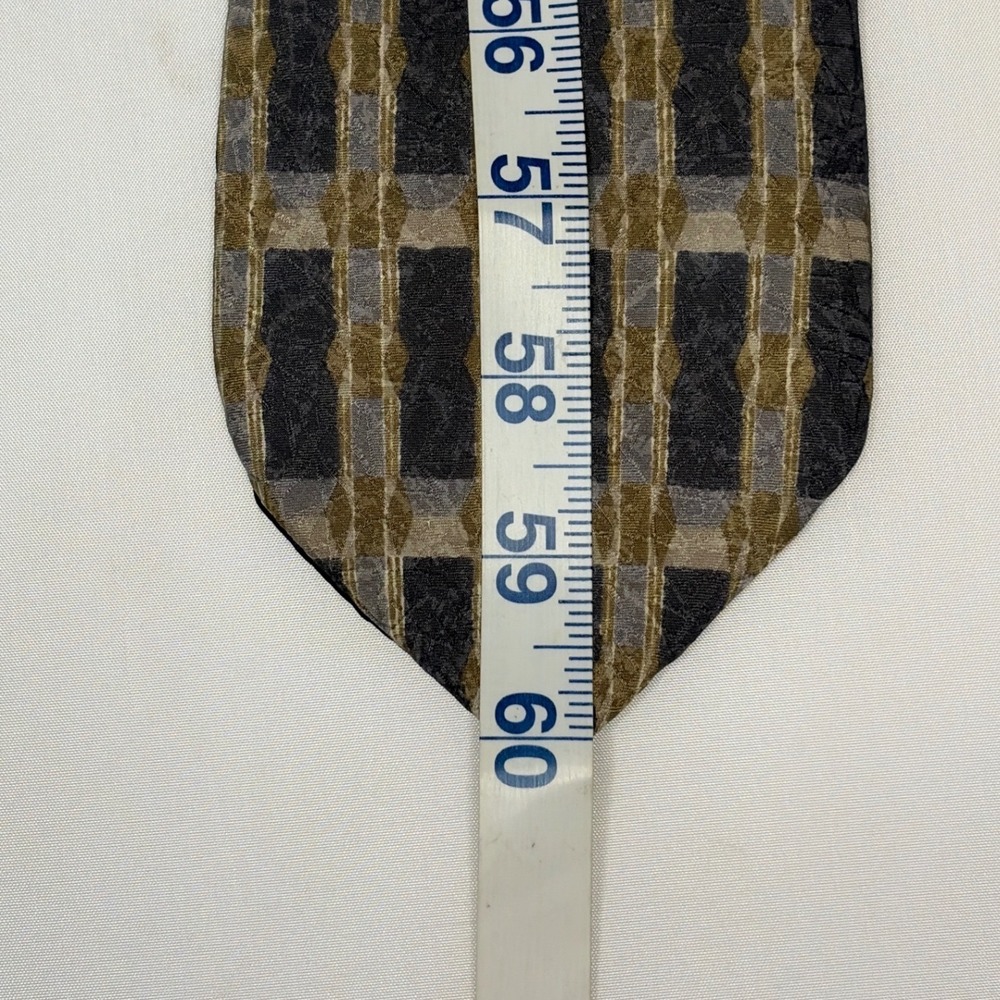 Como Collezione Mens Silk Tie Geometric Grid Grey Olive Green Italian Fabric - Picture 3 of 4